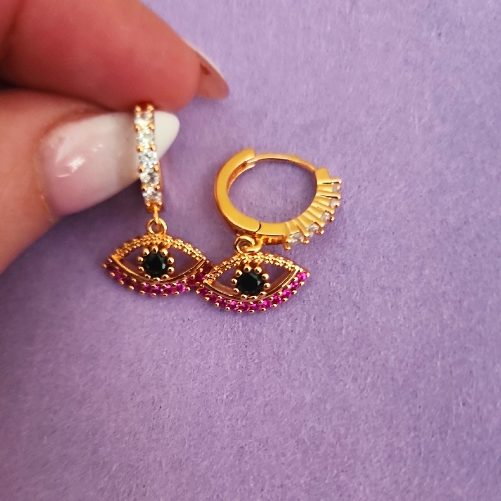 Gold Black And Pink Stones Evil Eye Huggies